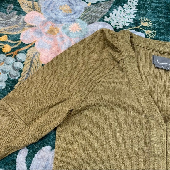 Anthropologie NEW Puff Sleeve Neutral Olive Green Lightweight Cardigan Sweater - Picture 14 of 15